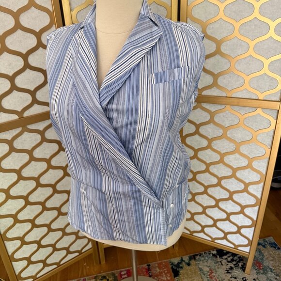 Nina Ricci Size S Blue & White Striped Criss Cross Sleeveless Wrap Blouse Top - Picture 6 of 16